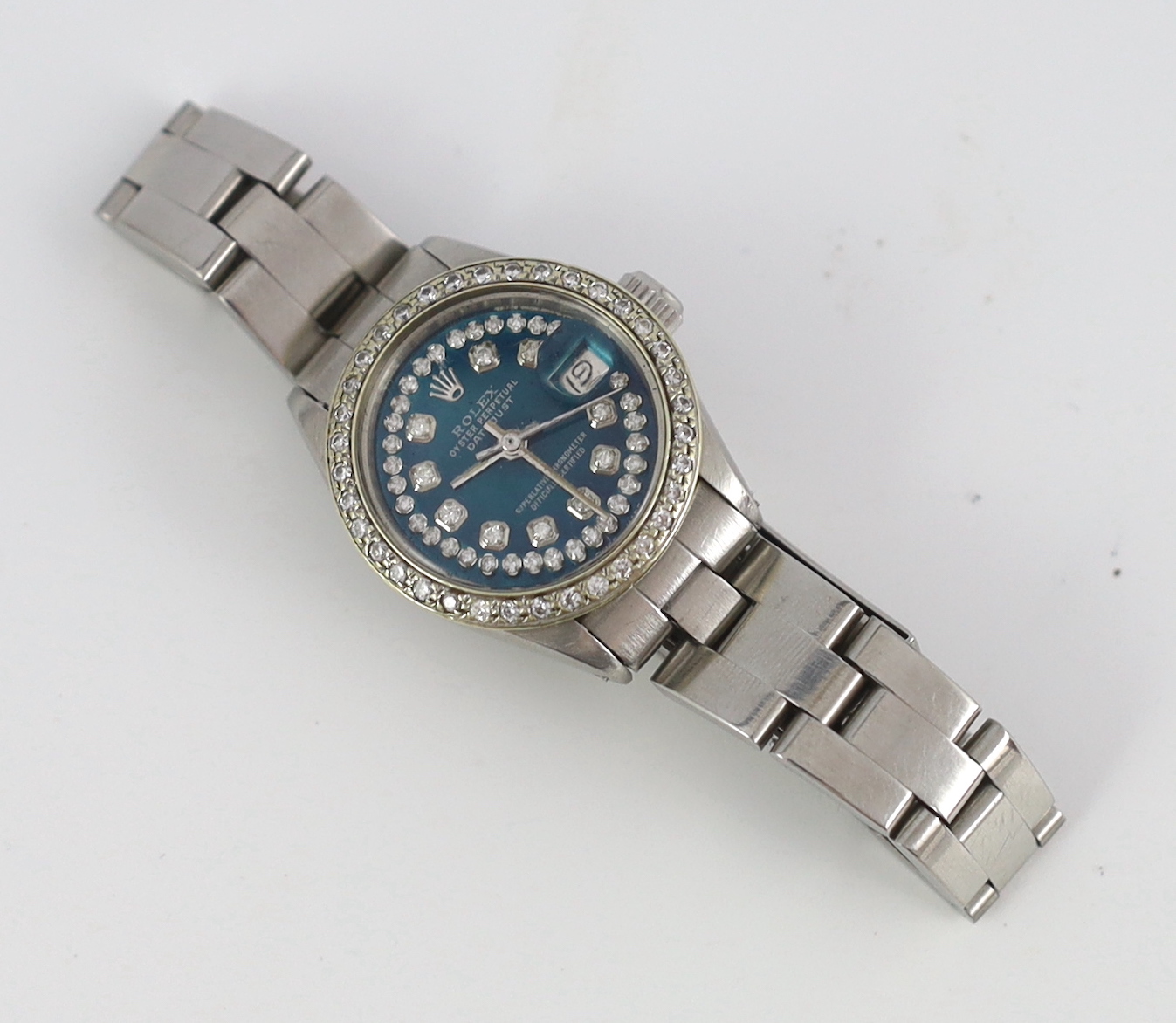 A lady's early 1970's stainless steel Rolex Oyster Perpetual Datejust wrist watch, set with after market? diamonds